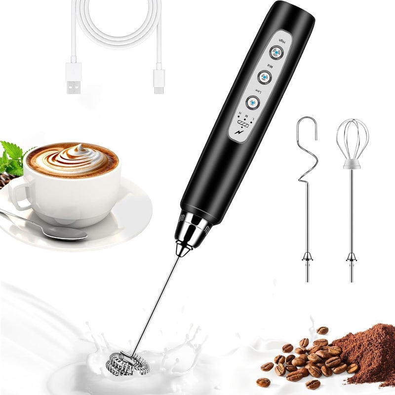 BSRGMS Milk Frother Handheld for Coffee, Electric Whisk 3 Speed Adjustable, Drink Mixer with Stainless 3 Whisks, Rechargeable Hand Frother Wand, Foam Maker for Latte Cappuccino Hot Chocolate Egg Black - Image 1